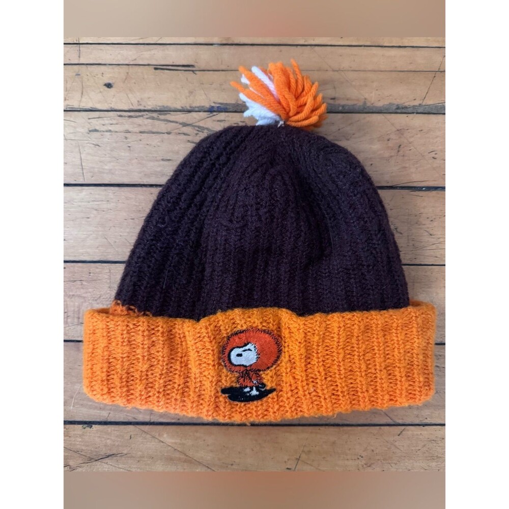 Vintage knit snoopy ski hat orange brown peanuts vtg 1958 1950s winter Pom Pom
